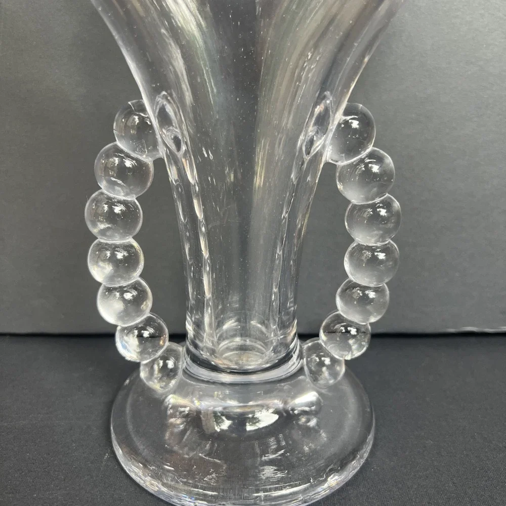 VTG Imperial Candlewick Fan Vase Detached Bead Handles Clear Glass 8.5
